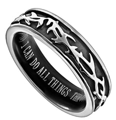 Crown Of Thorns Christ My Strength Ring, Stainless Steel, Christian Bible Verse