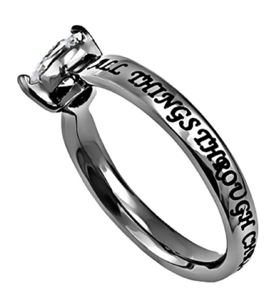 Solitaire Heart CHRIST MY STRENGTH Ring, Christian Bible Verse, Stainless Steel