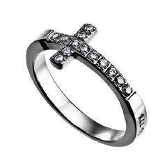 CHRIST MY STRENGTH Ring Bible Verse, Sideways Cross Stainless Steel with Clear CZ Stones