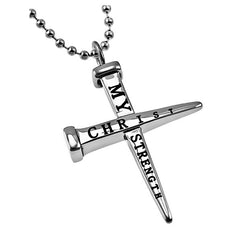 Nail Cross Necklace Bible Verse Philippians 4:13 Christ My Strength Jewelry, Stainless Steel Bead Chain