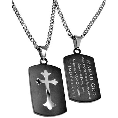 Christian Dog Tag Man of God, Bible Quote Necklace with Stainless Steel Curb Chain