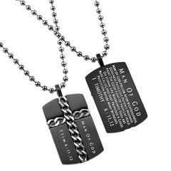 Christian Dog Tag Cross Necklace, 1 Timothy 6:11 MAN OF GOD, Steel Ball Chain