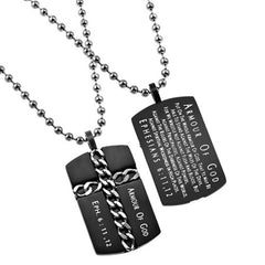 Christian Dog Tag Cross Necklace, Ephesians 6 ARMOUR OF GOD, Black Steel Ball Chain