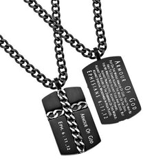 Christian Dog Tag Cross Necklace, Ephesians 6 ARMOUR OF GOD, Black Steel Curb Chain