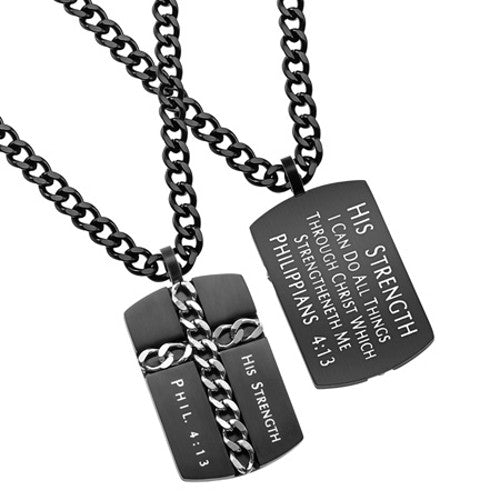 Christian Dog Tag Cross Necklace, Philippians 4:13 HIS STRENGTH, Black Steel Curb Chain