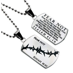 Christian Dog Tag Isaiah 41:10 FEAR NOT, Crown of Thorns, Stainless Steel Ball Chain