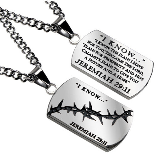 Jeremiah 29:11 I KNOW Christian Dog Tag with Crown of Thorns, Stainless Steel Curb