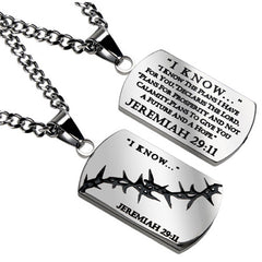 Jeremiah 29:11 I KNOW Christian Dog Tag with Crown of Thorns, Stainless Steel Curb