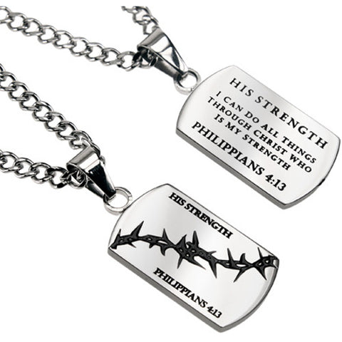 Philippians 4:13 HIS STRENGTH Christian Dog Tag with Crown of Thorns, Stainless Steel Curb
