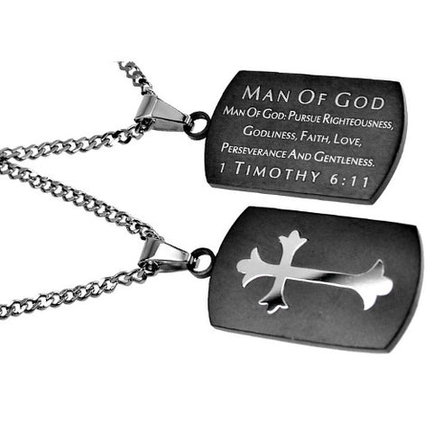 Christian Dog Tag Man of God, Bible Quote Necklace with Stainless Steel Curb Chain
