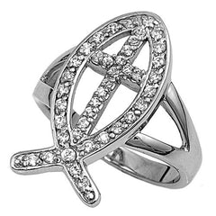 Christian Fish Ring with Cross, Silver 925 with Jewelry Gift Box