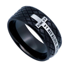 HIS BLOOD Forgiven Jewelry, Romans 5:9, Stainless Steel Black Diamond Back Cross Ring