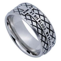 HIS BLOOD Forgiven Jewelry, Romans 5:9, Stainless Steel Diamond Back Cross Ring