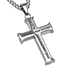 MAN OF GOD Necklace Cross for Men, 1 Timothy Bible Verse, Stainless Steel Curb Chain