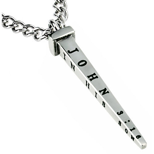 Men's Nail Cross Necklace John 3:16 FORGIVEN, Stainless Steel Curb