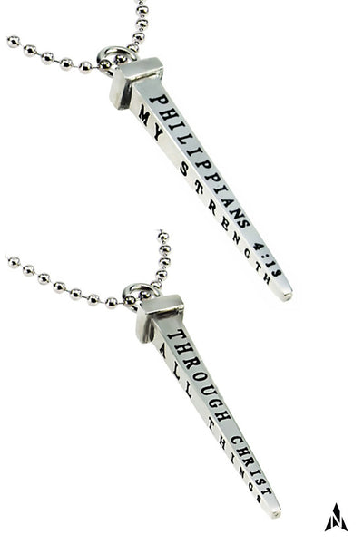 Men's Cross Nail Necklace, Philippians 4:13 STRENGTH, Stainless Steel Ball
