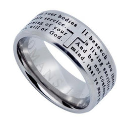 Romans 12:2 Scripture Cross Ring for Men, Engraved Bible Verse, Stainless Steel