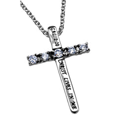 CHRIST LIVES IN ME Cross Necklace with Bible Verse, Steel & CZ Stones
