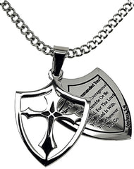 Courage Necklace Two Piece Cross Shield with Bible Verse, Stainless Steel Curb Chain