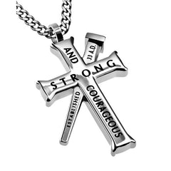 JOSHUA 1:9 Cross and Nail Necklace with Bible Verse, Stainless Steel Curb Chain
