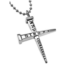Nail Cross Necklace Bible Verse Joshua 1:9 Courage Jewelry, Stainless Steel Bead Chain