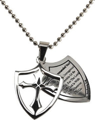 Courage Necklace Two Piece Cross Shield with Bible Verse, Stainless Steel Ball Chain