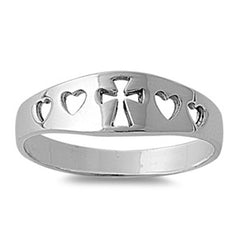 925 Silver Cross Heart Ring Cutout, Christian Faith and Love Symbol