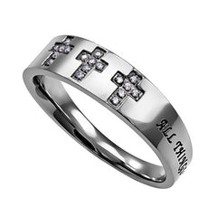 PHILIPPIANS 4:13 Christian Trinity Cross Ring, Engraved Bible Verse with CZ Stones