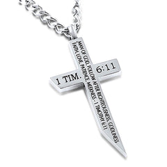 Cross Sword Necklace, MAN OF GOD 1 TIMOTHY, Stainless Steel with Chain