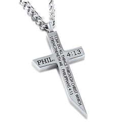 Cross Sword Necklace, PHILIPPIANS 4:13, Stainless Steel with Chain