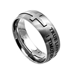 Cross Ring for Men, TRUE LOVE WAITS 1 Timothy 4:12 Bible Verse, Stainless Steel