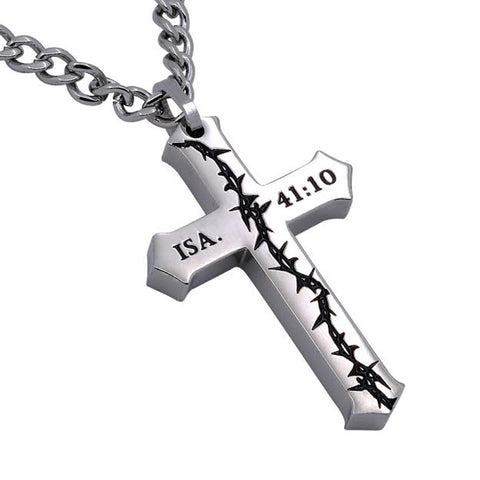 ISAIAH 41:10 Crown Of Thorns Cross Necklace, Stainless Steel Curb Chain
