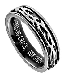 Crown Of Thorns Amazing Grace Ring, Stainless Steel, Christian Bible Verse
