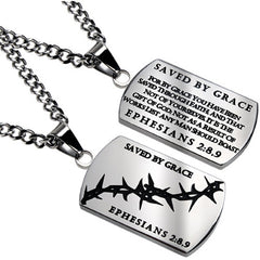 Christian Dog Tag Ephesians 2:8,9, SAVED BY GRACE, Crown of Thorns, Stainless Steel Curb Chain