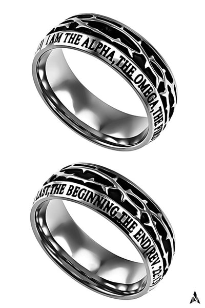 ALPHA AND OMEGA Revelation 22:13 Men's Crown Of Thorns Ring, Stainless Steel