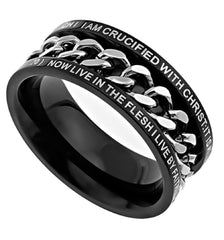 Crucified Ring, Black Stainless Steel Spinner Chain with Bible Verse