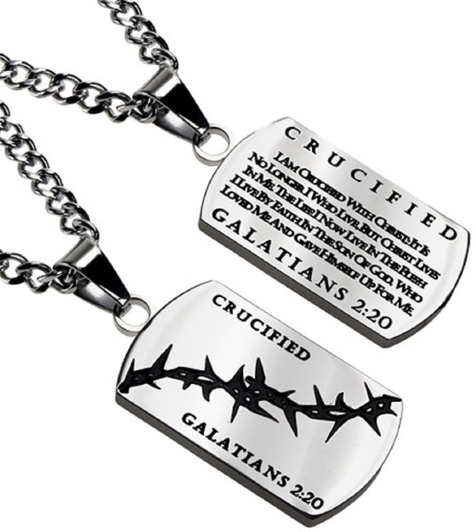 Christian Dog Tag Galatians 2:20, CRUCIFIED, Crown of Thorns, Stainless Steel Curb Chain