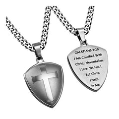 Shield of Faith Necklace, Crucified With Christ Bible Verse, Steel Curb Chain