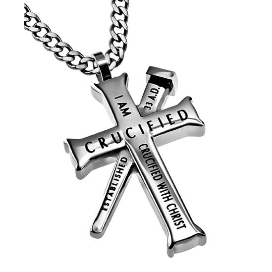 GALATIANS 2:20 Cross and Nail Necklace with Bible Verse, Stainless Steel Curb Chain