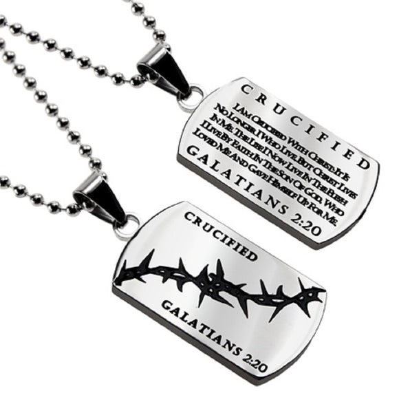 Christian Dog Tag Galatians 2:20, CRUCIFIED, Crown of Thorns, Stainless Steel Bead Chain