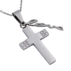 Cursive LOVE Necklace Cross, 1 Corinthians 13 Bible Verse, Stainless Steel Chain