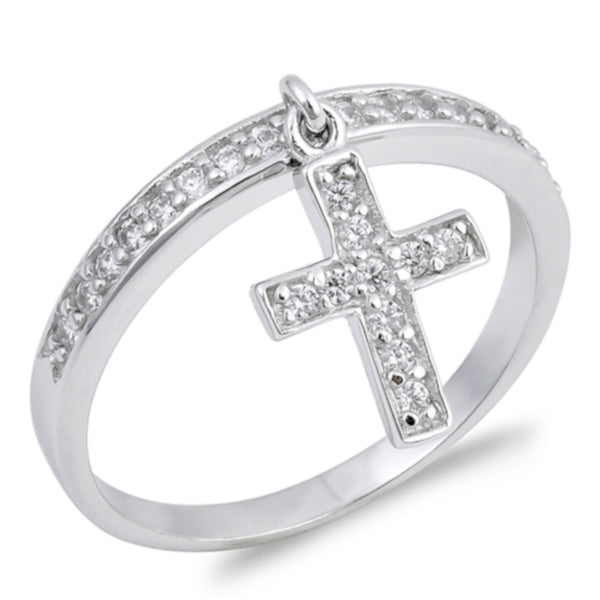 Dangling Cross Ring with Clear CZ Stones, 925 Sterling Silver with Gif ...
