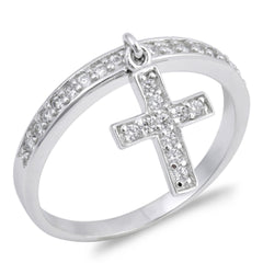 Dangling Cross Ring with Clear CZ Stones, 925 Sterling Silver with Gift Box
