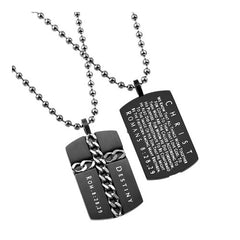 Christian Dog Tag Cross Necklace, Romans 8:28,29 DESTINY, Steel Bead Chain