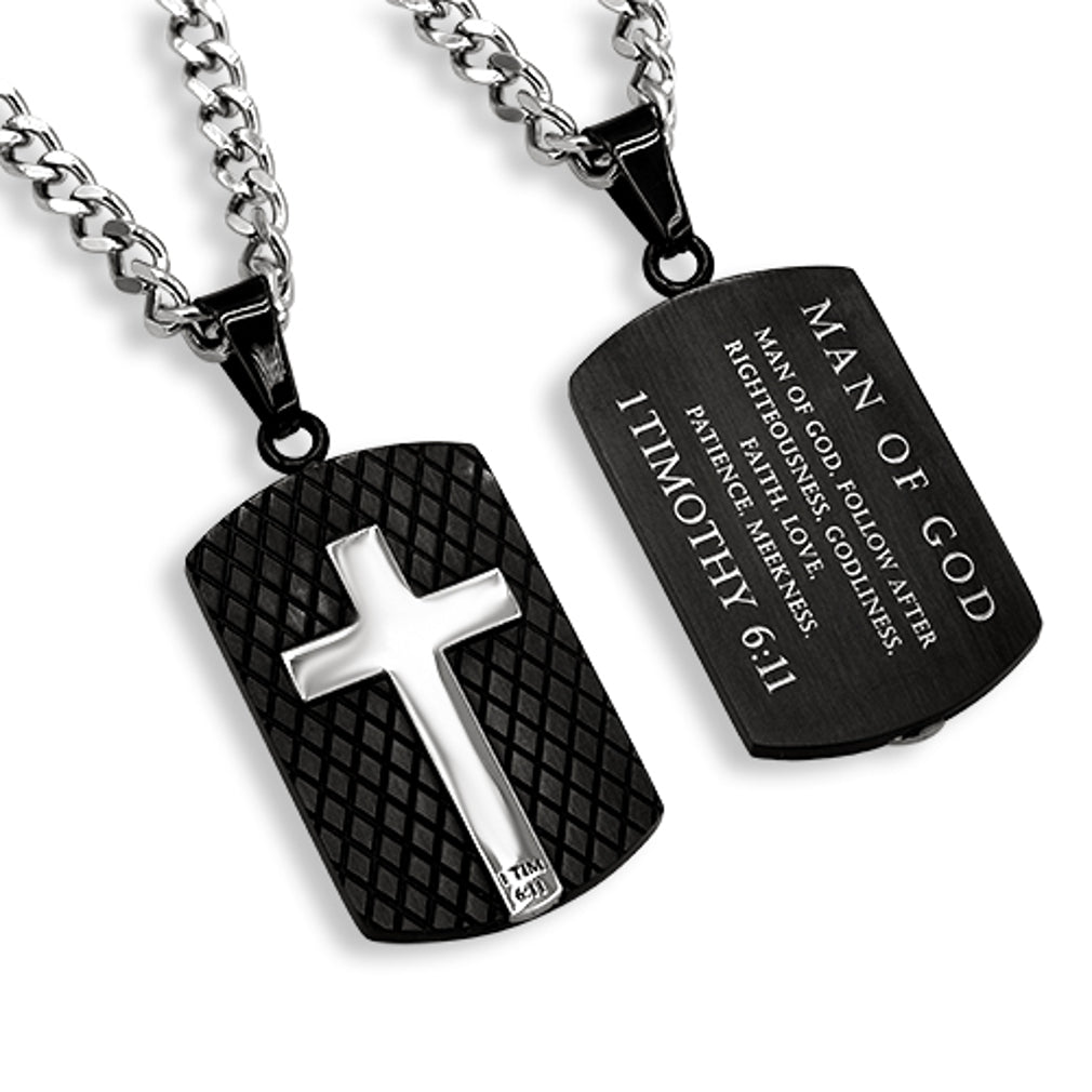 Engraved Black Cross Dog Tag for Him- Horizontal