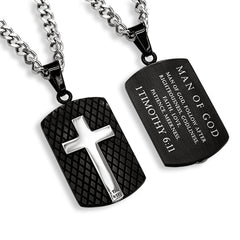 Man Of God Black Dog Tag, Bible Verse 1 Timothy 6, Stainless Steel Curb Chain