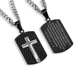 Strong And Courageous Black Dog Tag, Bible Verse Joshua 1, Stainless Steel Curb Chain