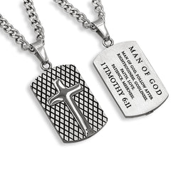 Man Of God Pendant Dog Tag, Bible Verse 1 Timothy 6, Stainless Steel Curb Chain