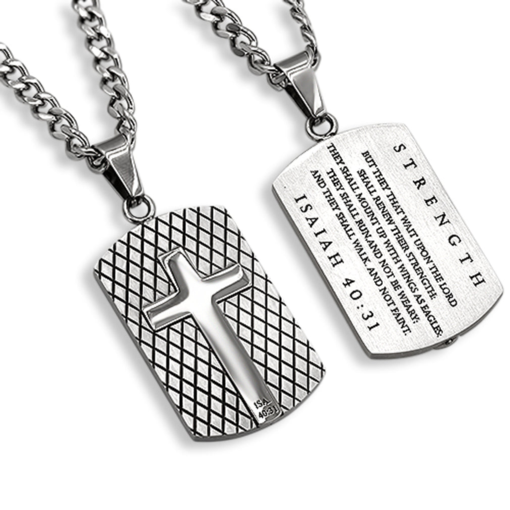 Strength Pendant Dog Tag, Bible Verse Isaiah 40, Stainless Steel Curb Chain
