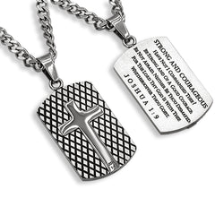 Strong And Courageous Pendant Dog Tag, Bible Verse Joshua 1, Stainless Steel Curb Chain